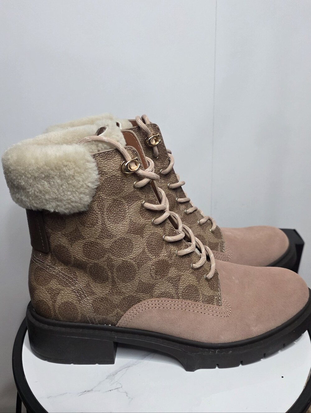 Coach Pink/Tan Shearling-Trim Lace-Up Booties